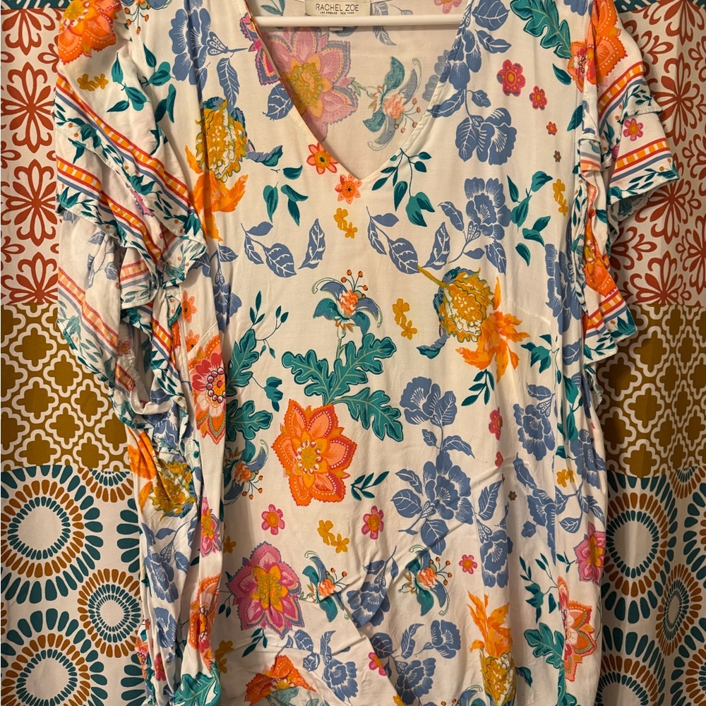 Rachel Zoe Floral V-Neck Blouse - Orange, Blue, Green